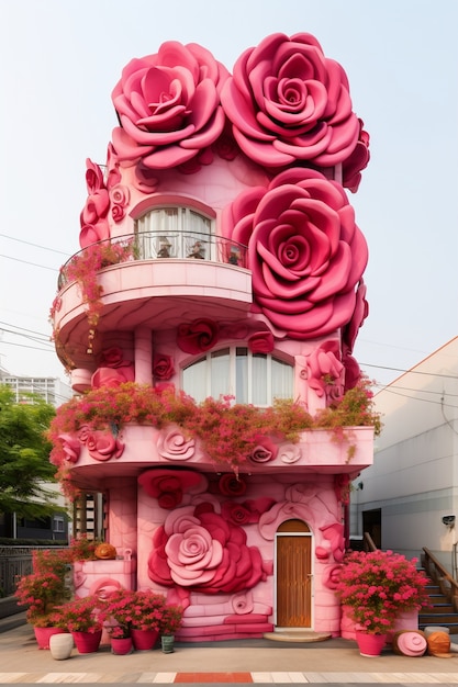 Beautiful pink roses on house