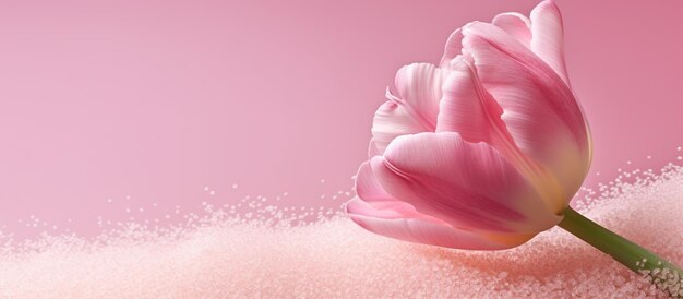 Красивый розовый тюльпан лежит на розовом порошке