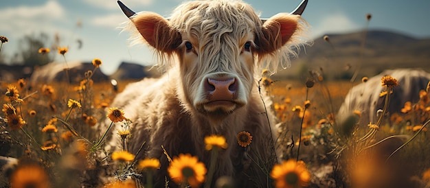 Free photo beautiful portrait of a cow in a meadow with yellow flowers