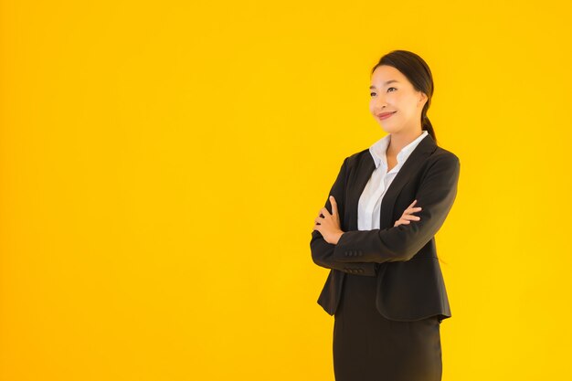 Beautiful portrait young business asian woman happy smile in many action