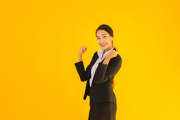 Beautiful portrait young business asian woman happy smile in many action