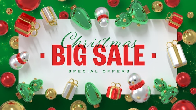 Foto gratuita bellissimo e realistico modello di banner di vendite natalizie con elementi 3d e spazio di copia