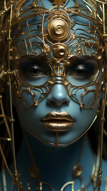 Bellissimo volto femminile realistico con casco poligonale meccanico realizzato con forme geometriche