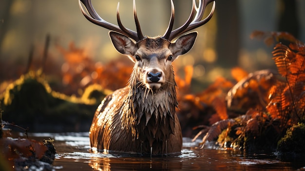 Free photo beautiful red deer stag during rutting season in autumn forest