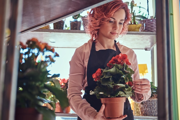 꽃집에서 일하는 제복을 입은 아름다운 빨간 머리 여성 꽃집.