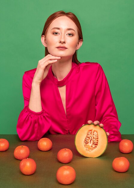 Beautiful redhead woman holding a melon