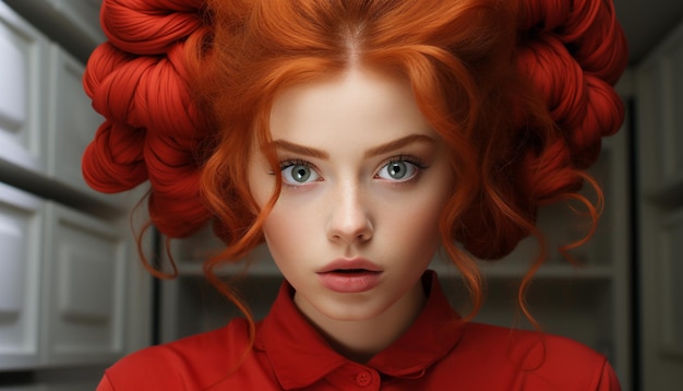 Foto gratuita bella donna dai capelli rossi con i capelli ricci che guarda la telecamera generata dall'intelligenza artificiale