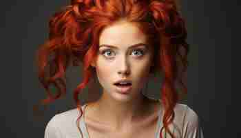 Free photo beautiful redhead woman with curly hair looking at camera smiling generated by artificial intelligence