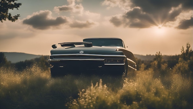 Beautiful retro car in the field at sunset Retro car