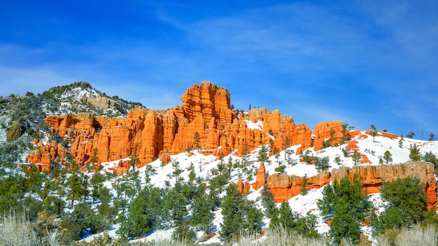 Beautiful rocky cliff surrounded by snow covered hills and trees under the clear blue sky