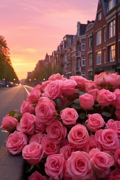 Beautiful roses arrangement outdoors