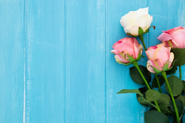 Free photo beautiful roses on blue wooden with copys pace