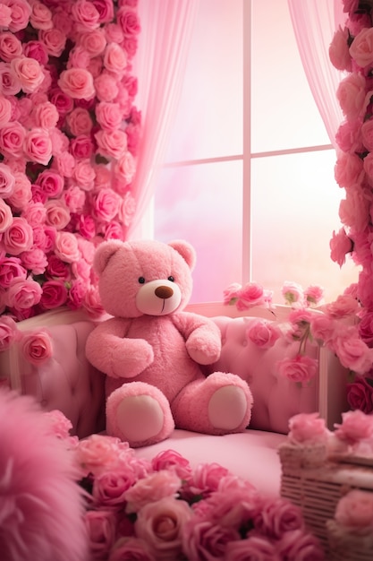 Free photo beautiful roses with cute teddy bear