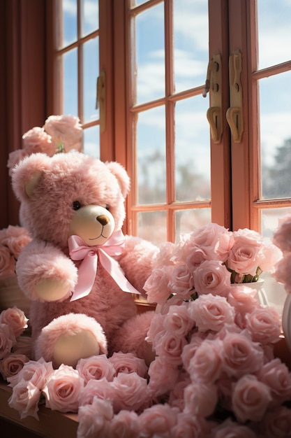 Beautiful roses with cute teddy bear