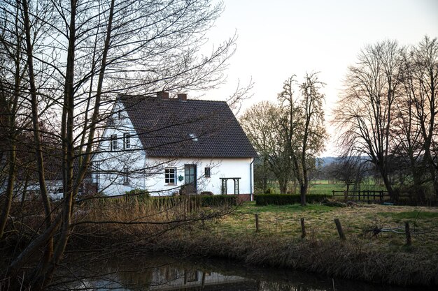 Красивый сельский пейзаж с домом у пруда среди деревьев