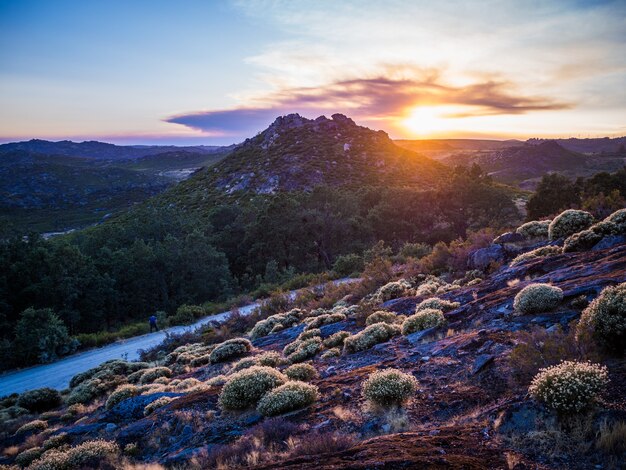 Beautiful scenery of the breathtaking sunset at Montesinho Natural Park in Portugal