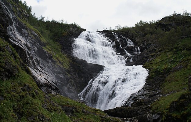 Beautiful scenery of the Kjosfossen Waterfall in Myrdal, Norway