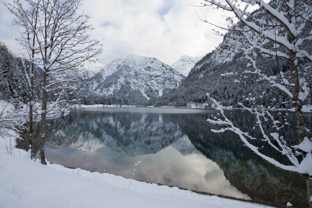 오스트리아 Heiterwang의 높은 눈 덮인 산으로 둘러싸인 Plansee 호수의 아름다운 풍경
