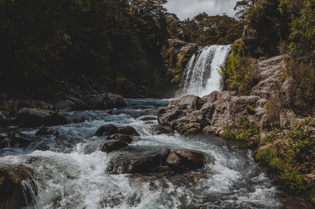 Beautiful scenery of a powerful waterfall in Gollum's Pool, New Zealand