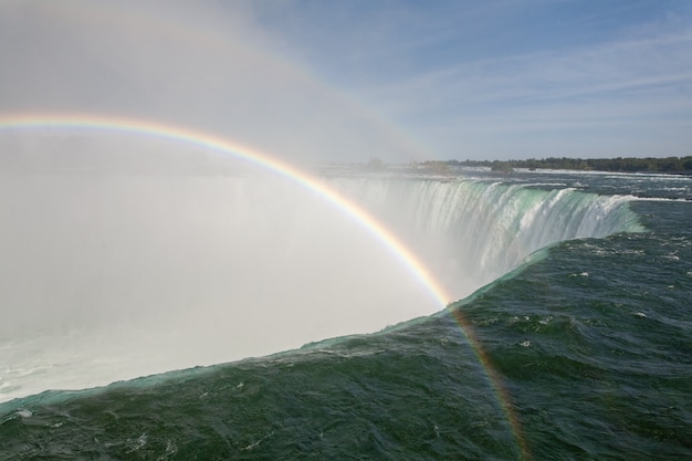 カナダのホースシュー滝にかかる虹の美しい風景