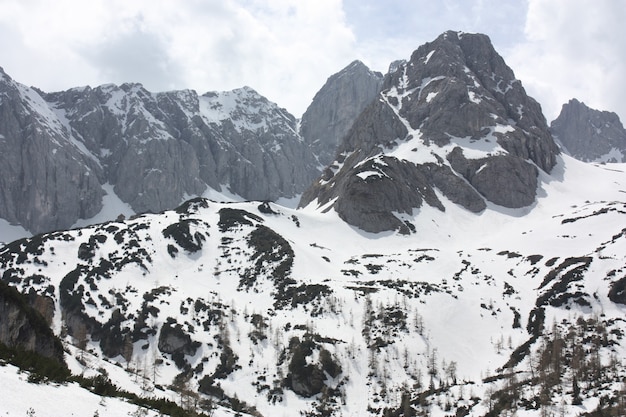 Beautiful scenery of a range of high rocky mountains covered with snow