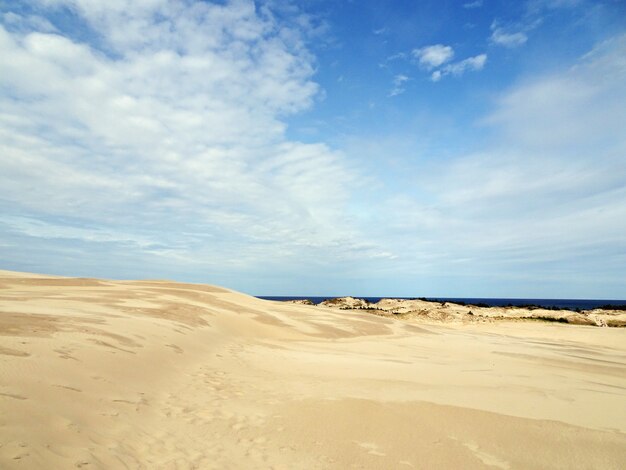 Красивый пейзаж песчаного пляжа под облачным небом в Лебе, Польша