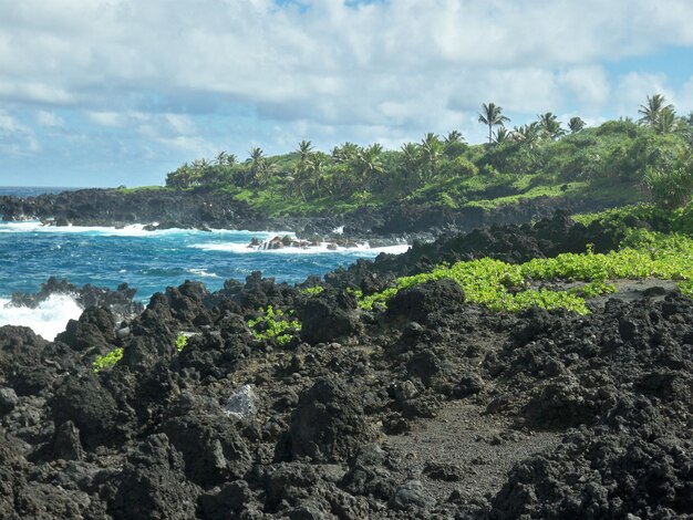 Красивые пейзажи острых скал на пляже под облачным небом на Гавайях