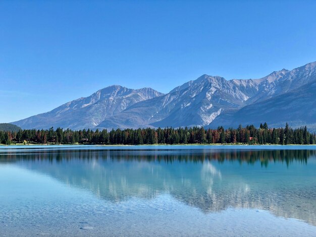 Красивые пейзажи деревьев и высокие снежные горы, отражающиеся в чистом озере