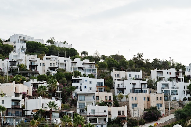 Beautiful scenic landscape with small buildings on mountain with palms Exotic scenery resort Popular landmark famous destination of Bodrum Turkey