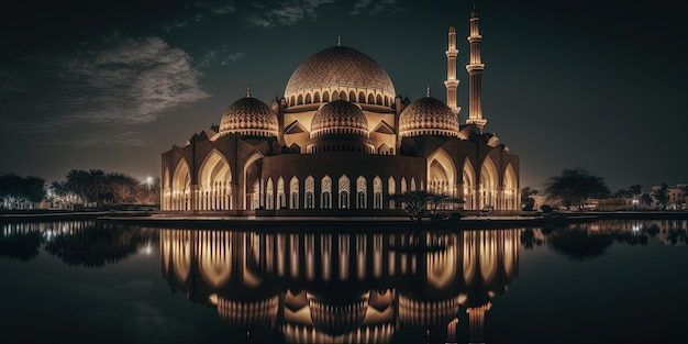 ラマダンの祝福された月の夜の美しい穏やかなモスク ライトアップされたジェネレーティブ ai