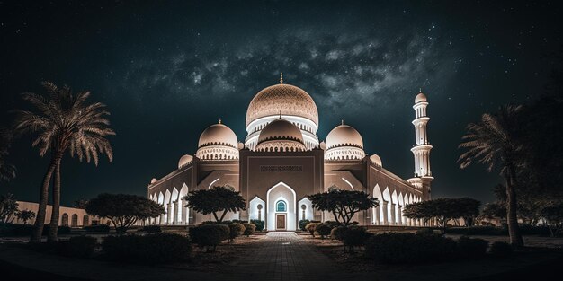 The beautiful serene mosque at night in the blessed month of ramadan the illuminated generative ai