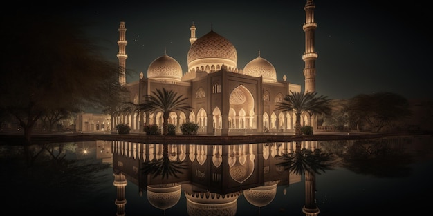 ラマダンの祝福された月の夜の美しい穏やかなモスク ライトアップされたジェネレーティブ ai