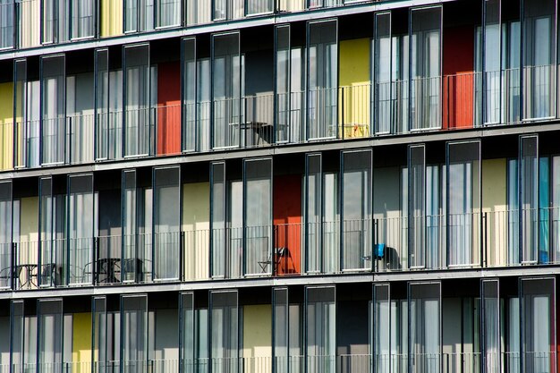 Beautiful shot of an apartment with different color doors at daytime