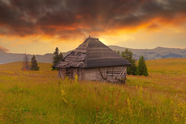 Beautiful shot of the barn on the grass fields during the sunset