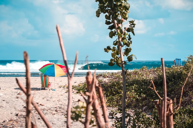 beautiful shot of a beach with a colorful parasol and a beach chair with amazing waves