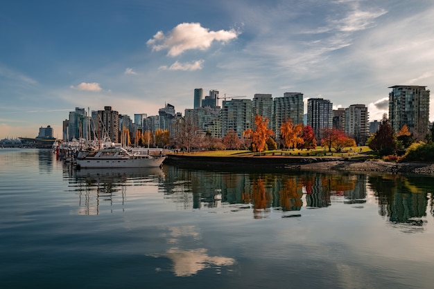 Beautiful shot of the boats parked near the Coal Harbour in Vancouver