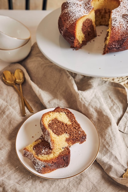 Beautiful shot of a delicious ring cake put on a white plate