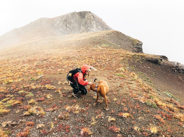 Beautiful shot of a female petting a dog on a mountain with a white sky 