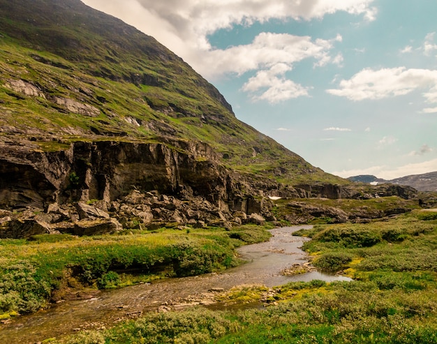 Красивая съемка течет река возле высоких скалистых гор в Норвегии
