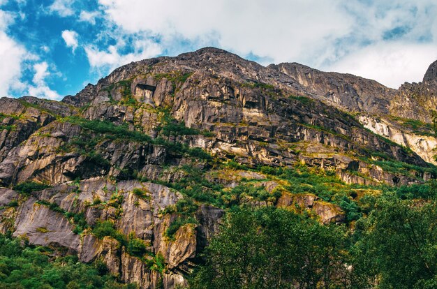 Beautiful shot of high rock formations covered with grass in Norway