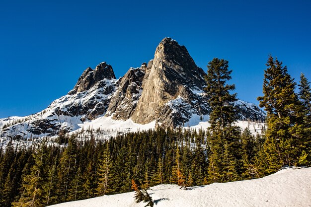 春の雪の残り物で覆われた高いロッキー山脈と丘の美しいショット