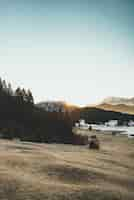 Free photo beautiful shot of a hill with trees and a wooden hut and mountains in the background