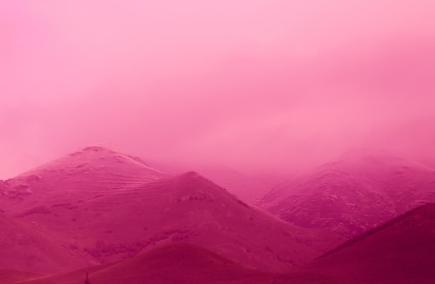 Free photo beautiful shot of the hills covered in fog in a pink-tinted color