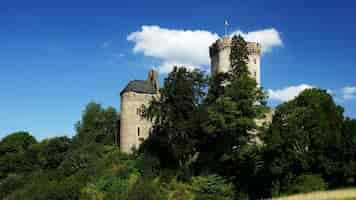 Free photo beautiful shot of a historic castle surrounded by green trees under the cloudy sky