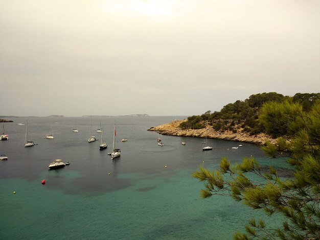 Beautiful shot of the Ibiza coast with multiple boats in water