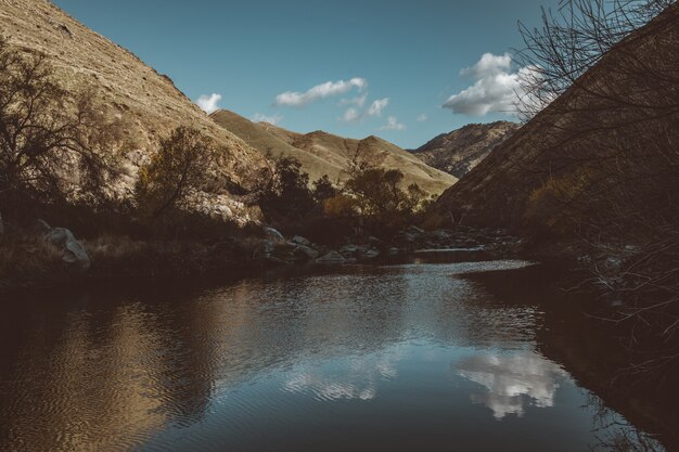 Beautiful shot of a lake between high mountains and hills