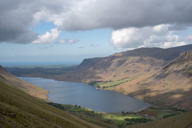 Beautiful shot of a lake in the middle of the mountains under a blue sky