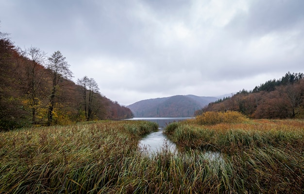 Bella ripresa di un lago e montagne nel parco nazionale dei laghi di plitvice in croazia