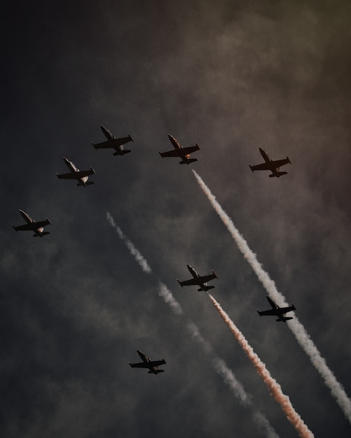 Beautiful shot of many planes in the gray sky performing operations and pirouetting