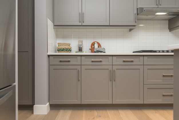 Beautiful shot of a modern house kitchen shelves and drawers